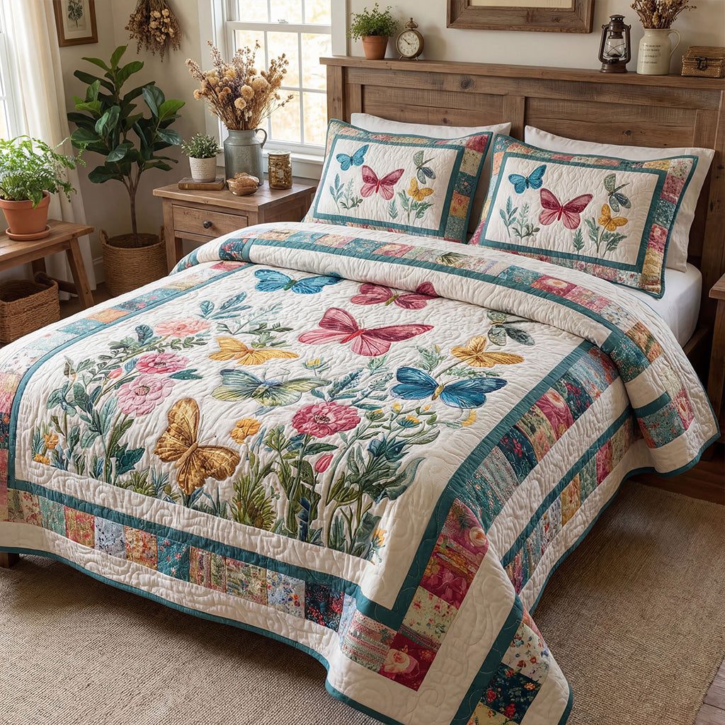 Butterfly Blossom Charm quilted 3-piece bedding set on a made bed with two matching pillow shams