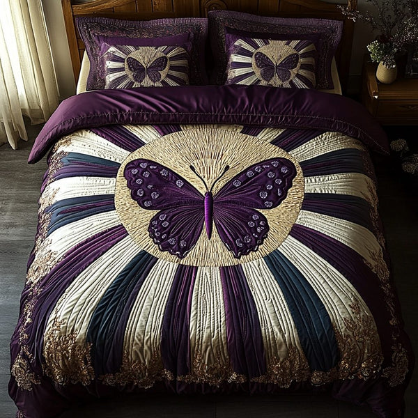 Butterfly Charm quilted 3-piece bedding set on a made bed with two matching pillow shams