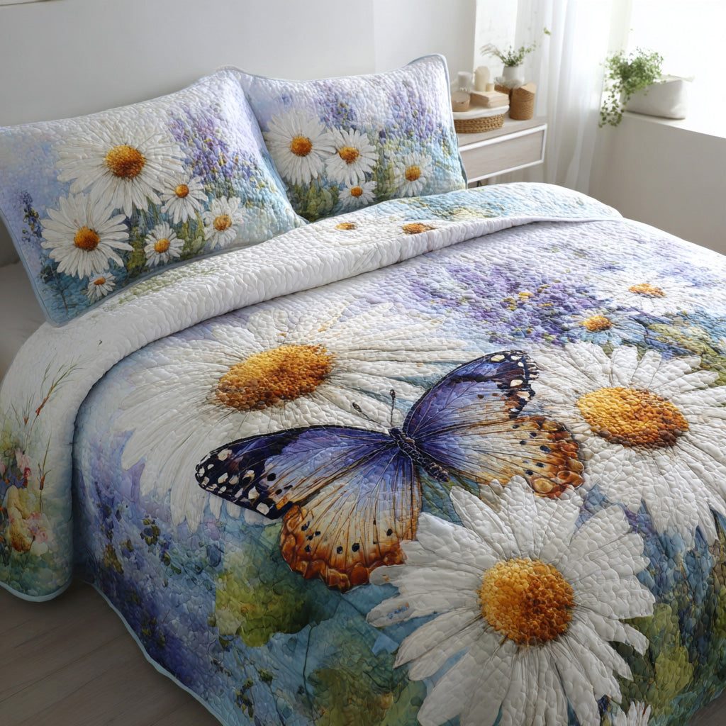 Butterfly Daisy Breeze quilted 3-piece bedding set on a made bed with two matching pillow shams