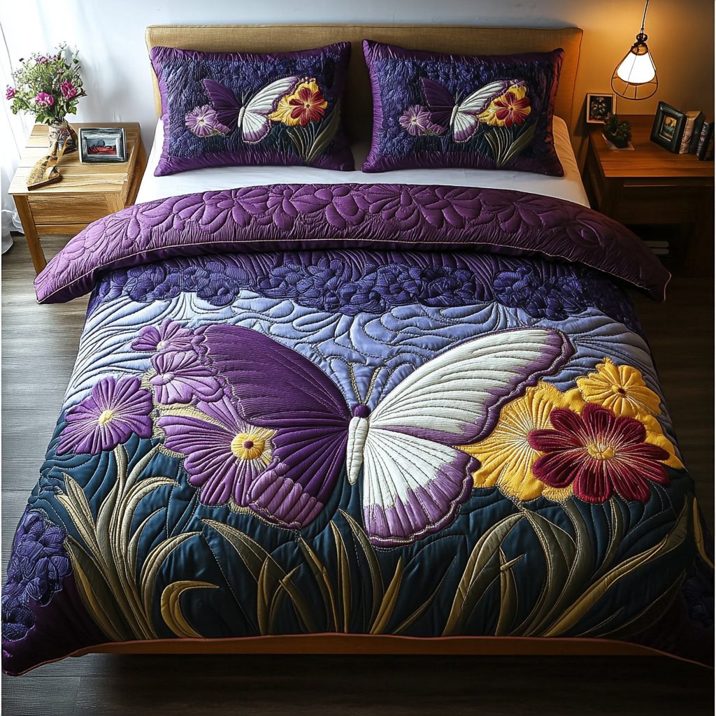 Butterfly Dream quilted 3-piece bedding set on a made bed with two matching pillow shams