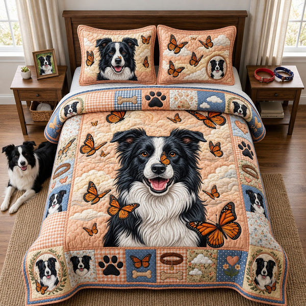 Butterfly Dreams quilted 3-piece bedding set on a made bed with two matching pillow shams