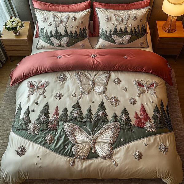 Butterfly Dreams quilted 3-piece bedding set on a made bed with two matching pillow shams
