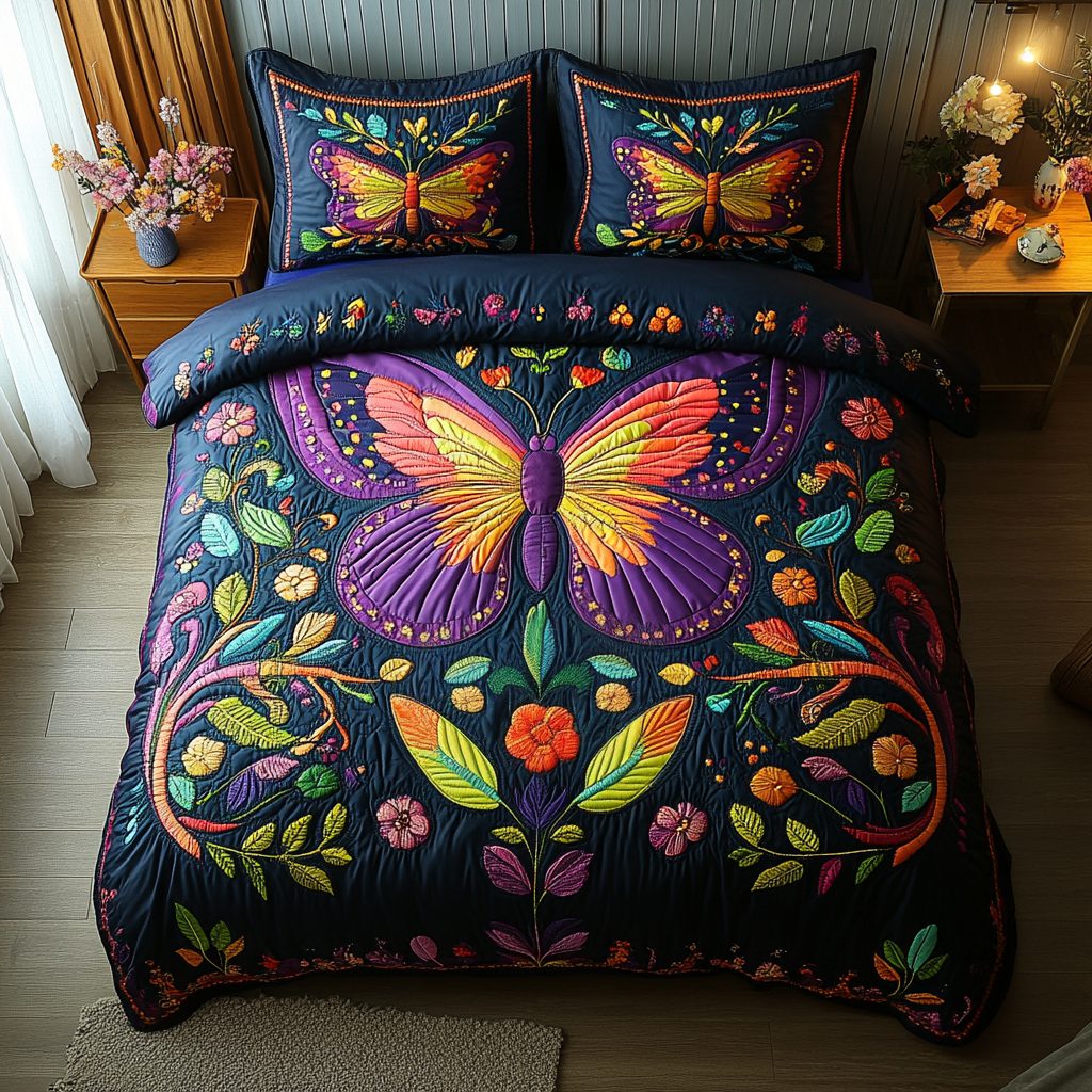 Butterfly Dreams quilted 3-piece bedding set on a made bed with two matching pillow shams