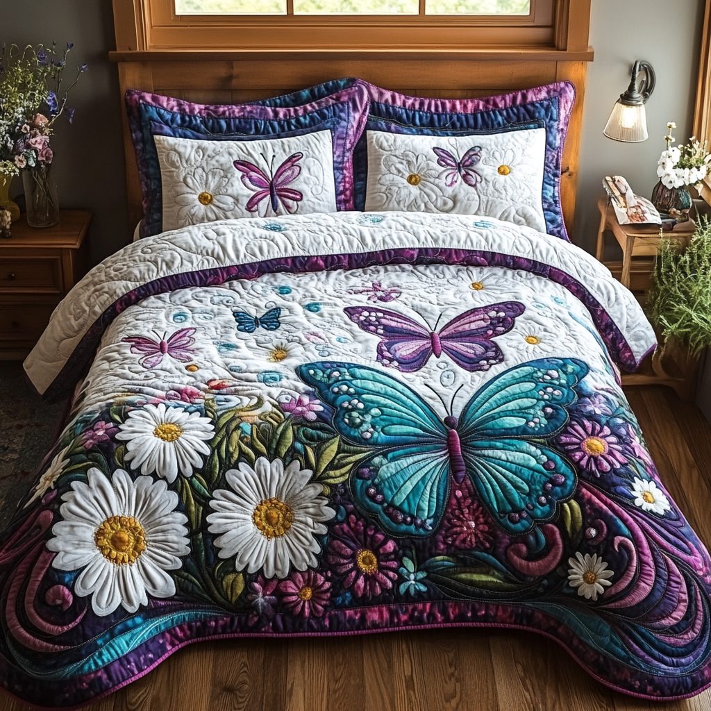 Butterfly Dreams quilted 3-piece bedding set on a made bed with two matching pillow shams