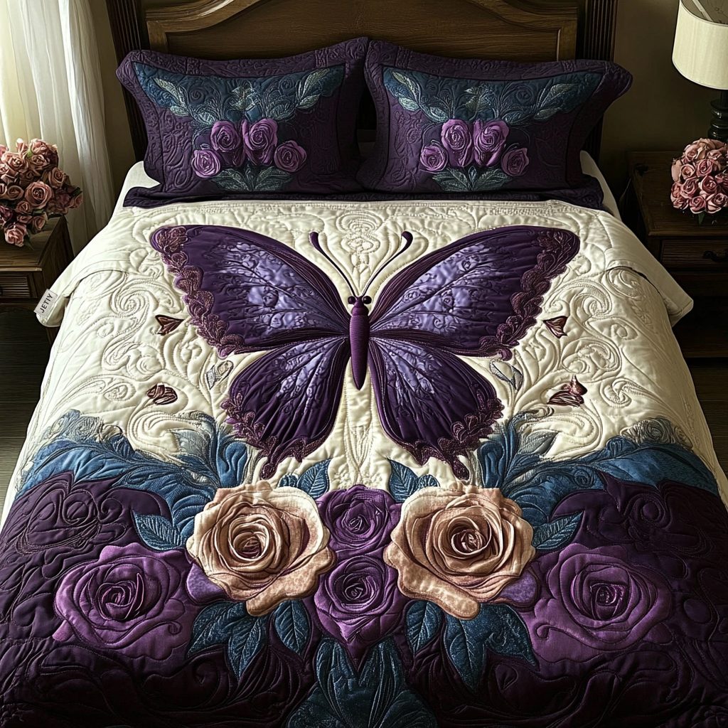 Butterfly Dreams quilted 3-piece bedding set on a made bed with two matching pillow shams