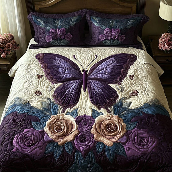 Butterfly Dreams quilted 3-piece bedding set on a made bed with two matching pillow shams