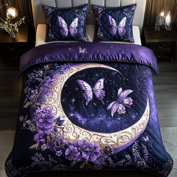 Butterfly Essence quilted 3-piece bedding set on a made bed with two matching pillow shams