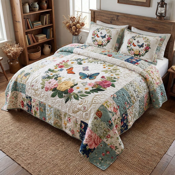 Butterfly Garden Glow quilted 3-piece bedding set on a made bed with two matching pillow shams