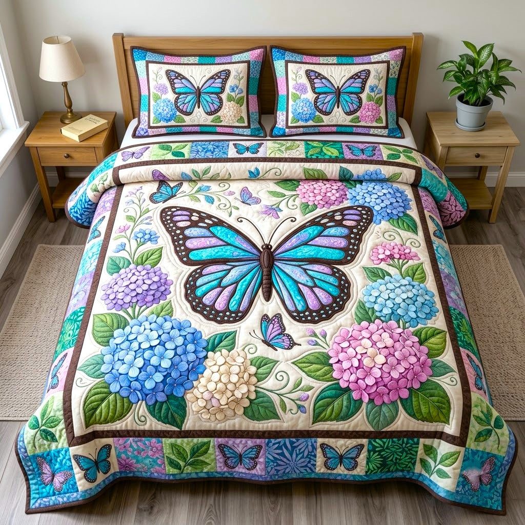 Butterfly Garden quilted 3-piece bedding set on a made bed with two matching pillow shams