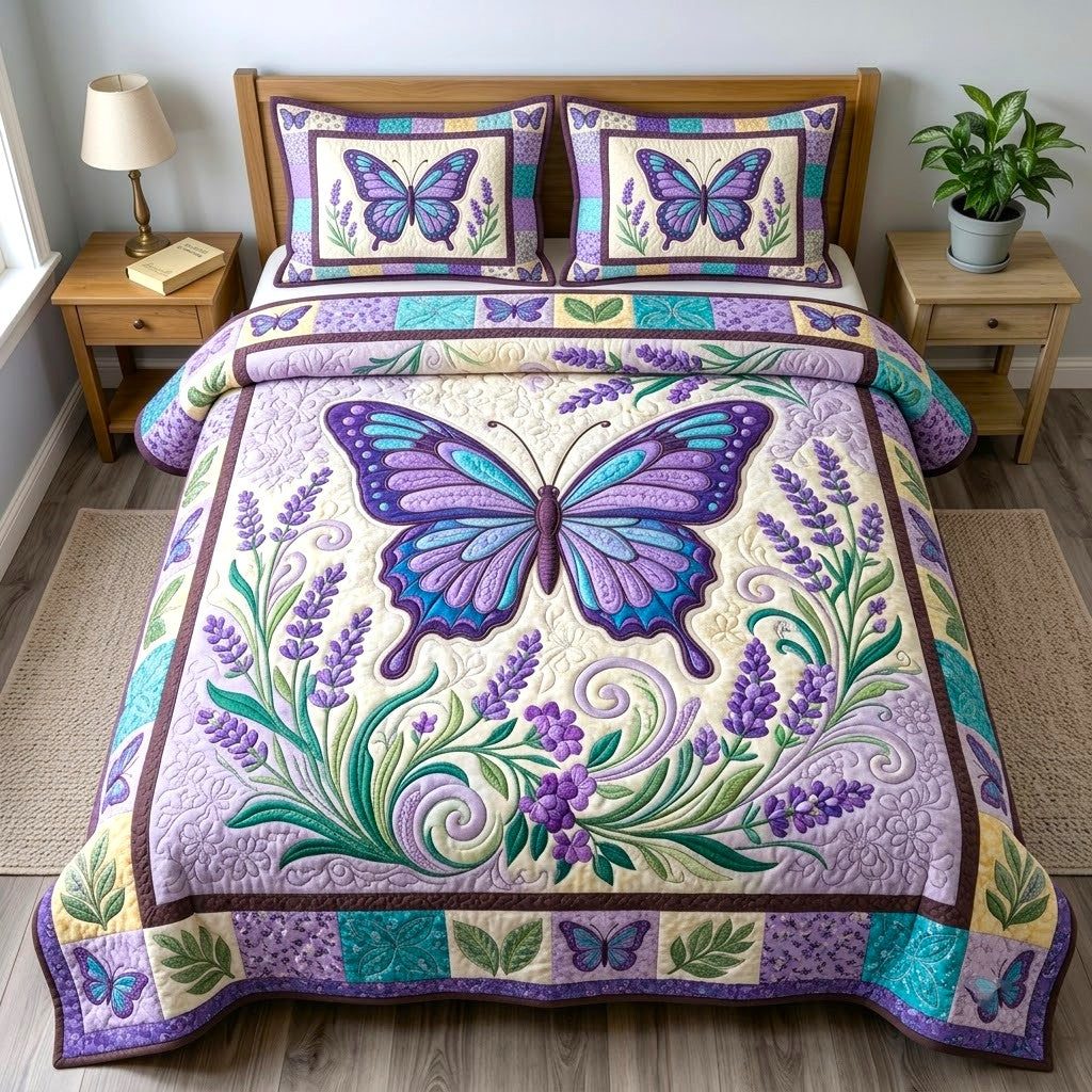 Butterfly Garden quilted 3-piece bedding set on a made bed with two matching pillow shams