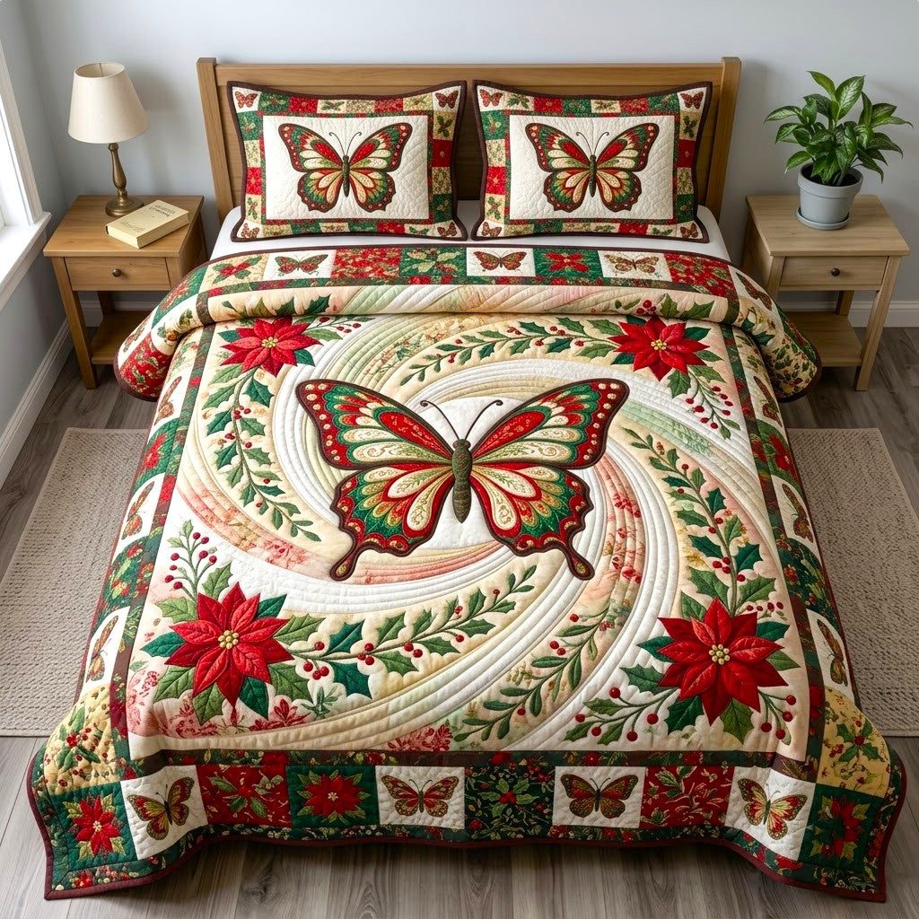 Butterfly Garden quilted 3-piece bedding set on a made bed with two matching pillow shams