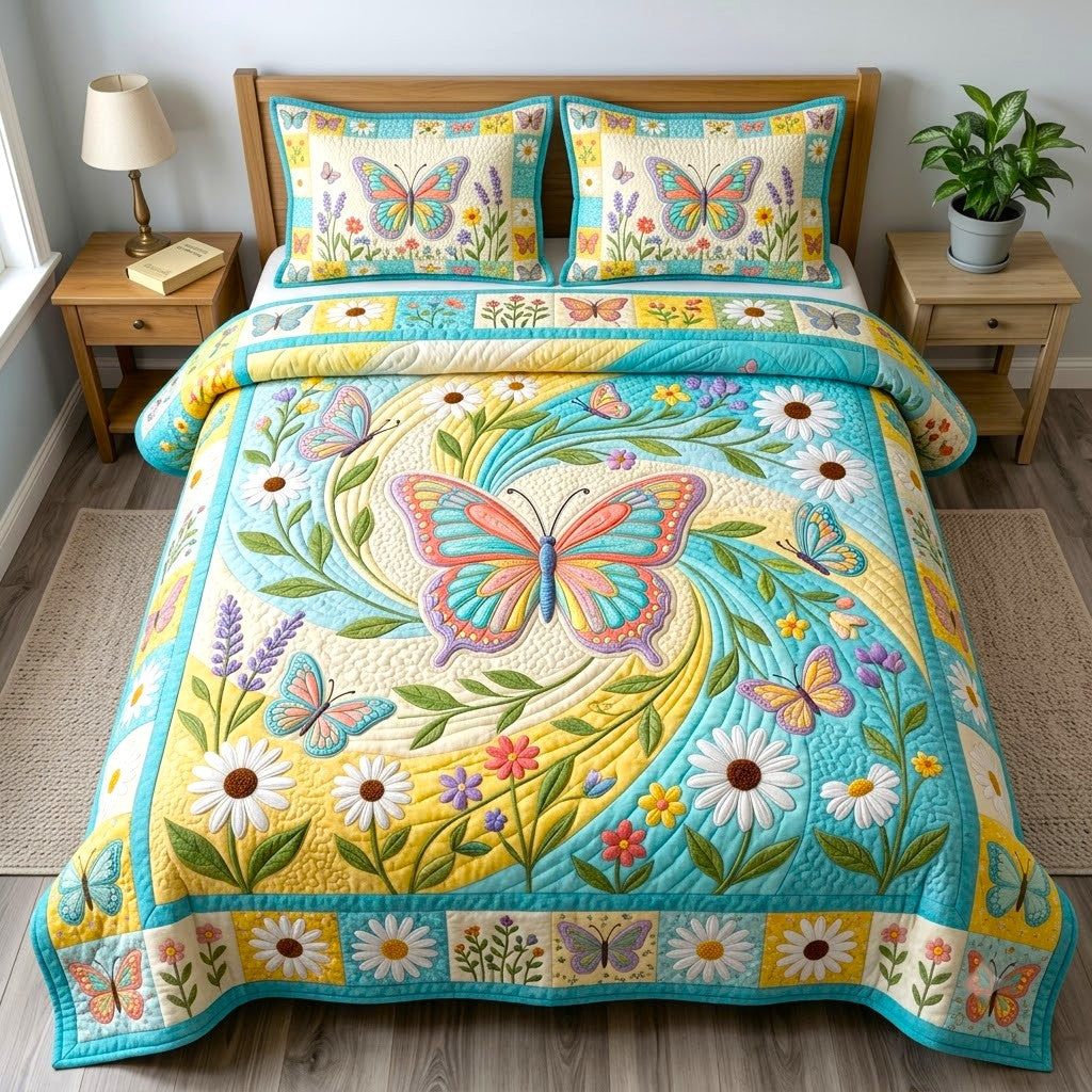 Butterfly Garden quilted 3-piece bedding set on a made bed with two matching pillow shams