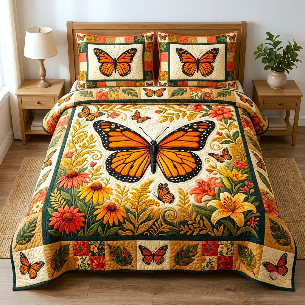 Butterfly Garden quilted 3-piece bedding set on a made bed with two matching pillow shams