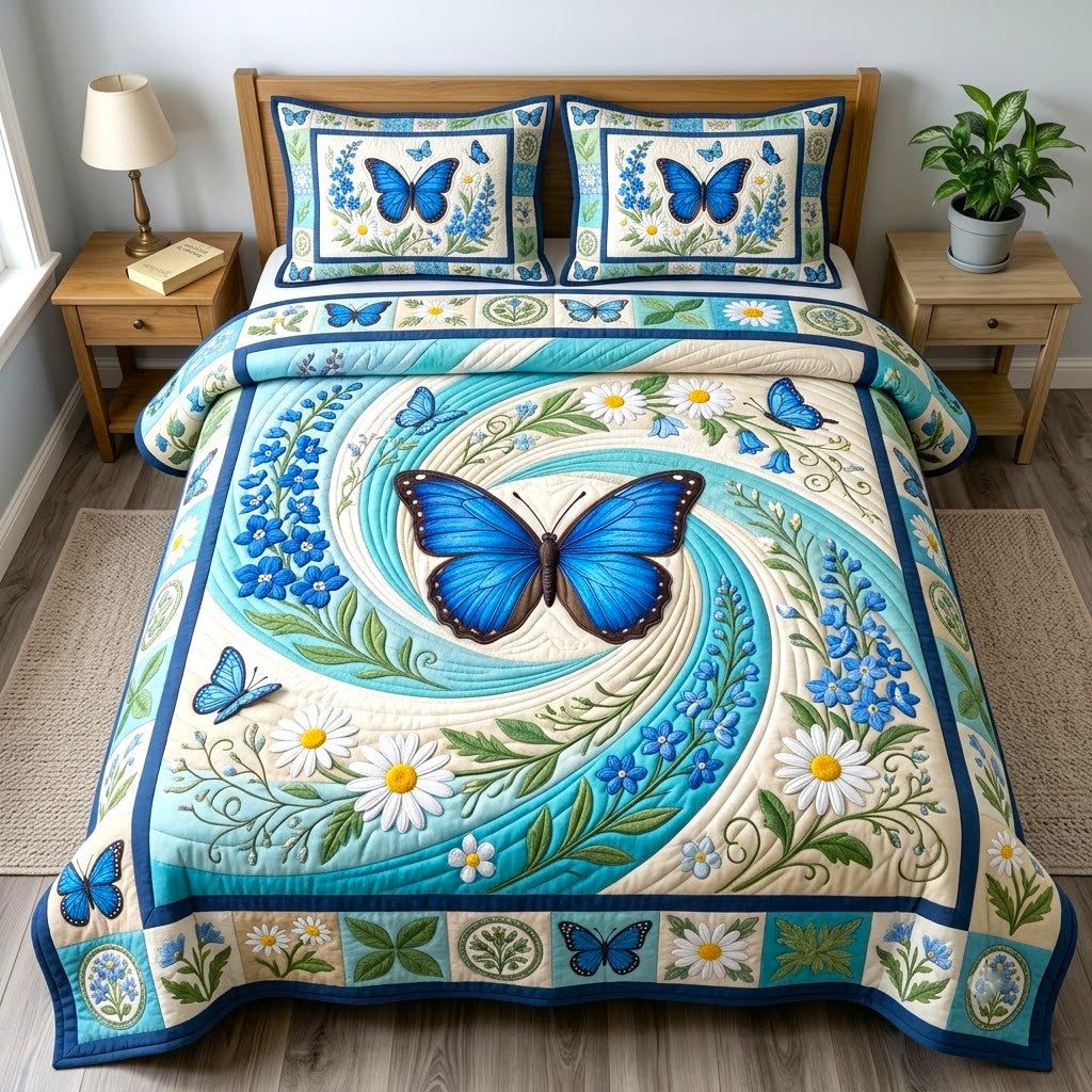 Butterfly Garden quilted 3-piece bedding set on a made bed with two matching pillow shams