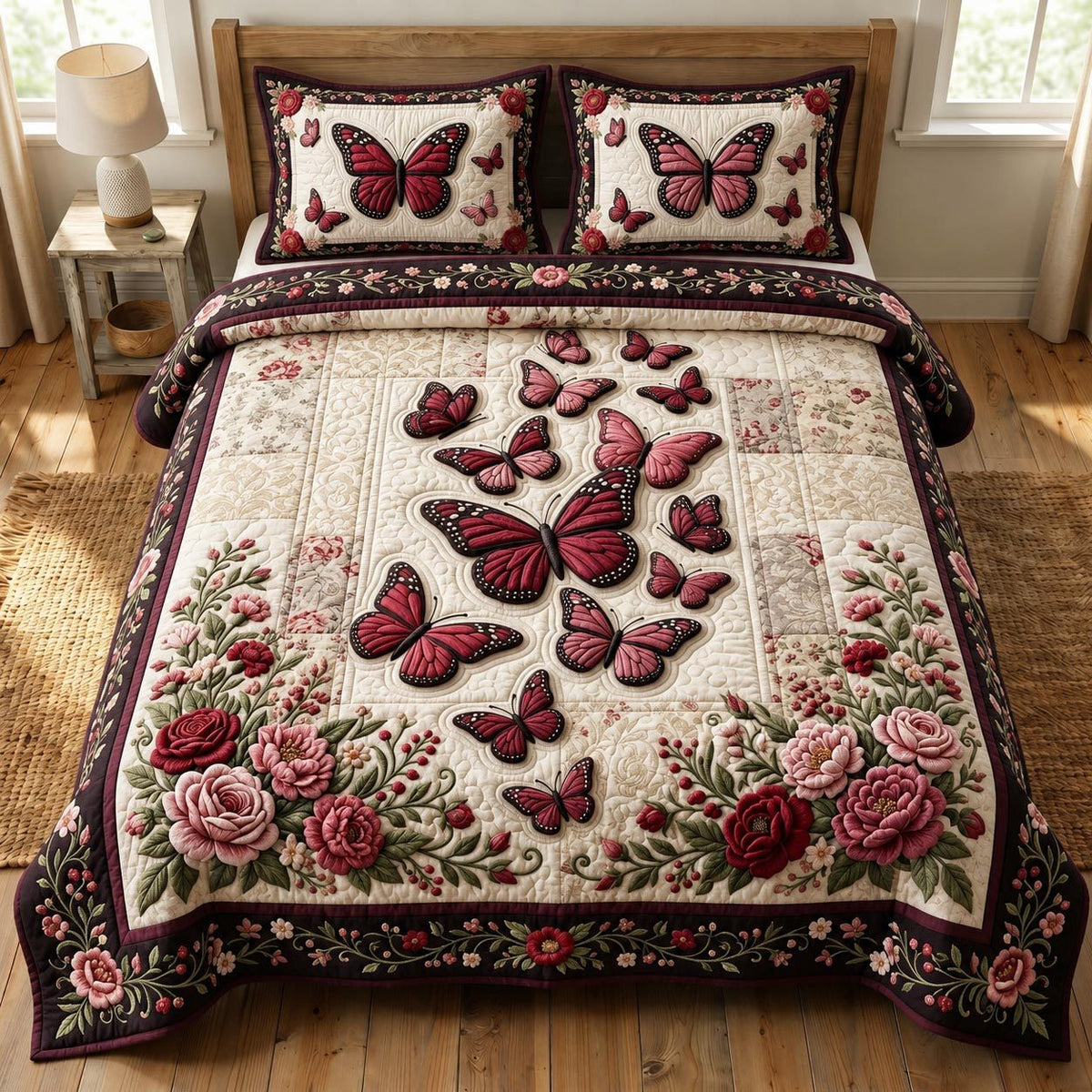 Butterfly Garden quilted 3-piece bedding set on a made bed with two matching pillow shams