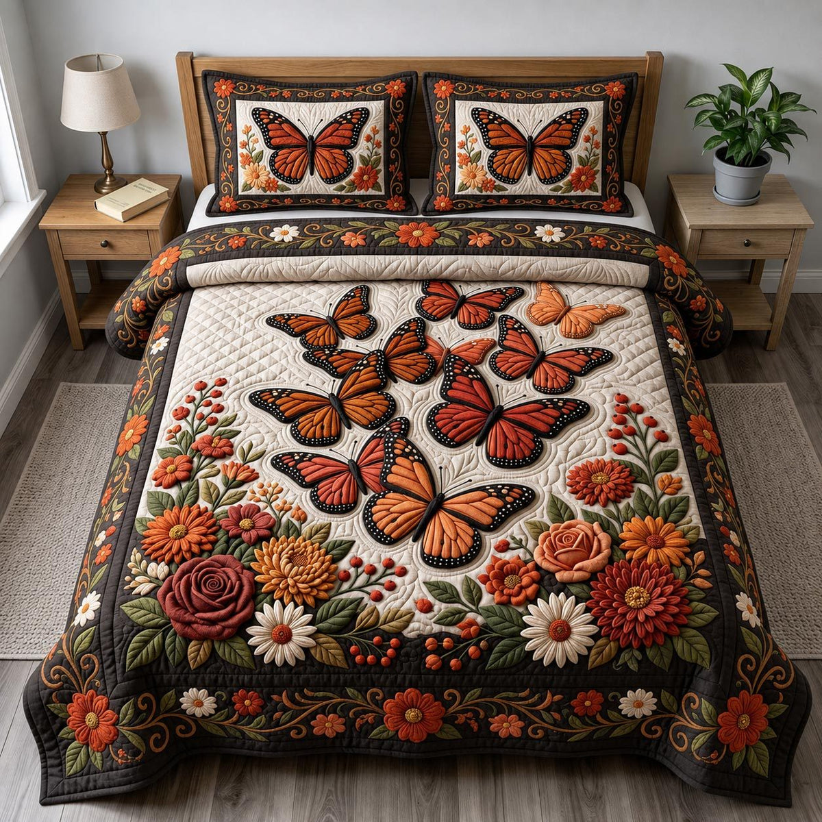Butterfly Garden quilted 3-piece bedding set on a made bed with two matching pillow shams