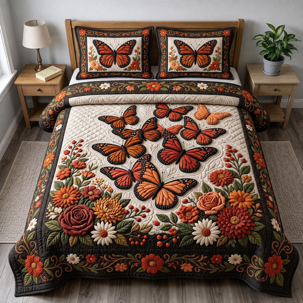 Butterfly Garden quilted 3-piece bedding set on a made bed with two matching pillow shams