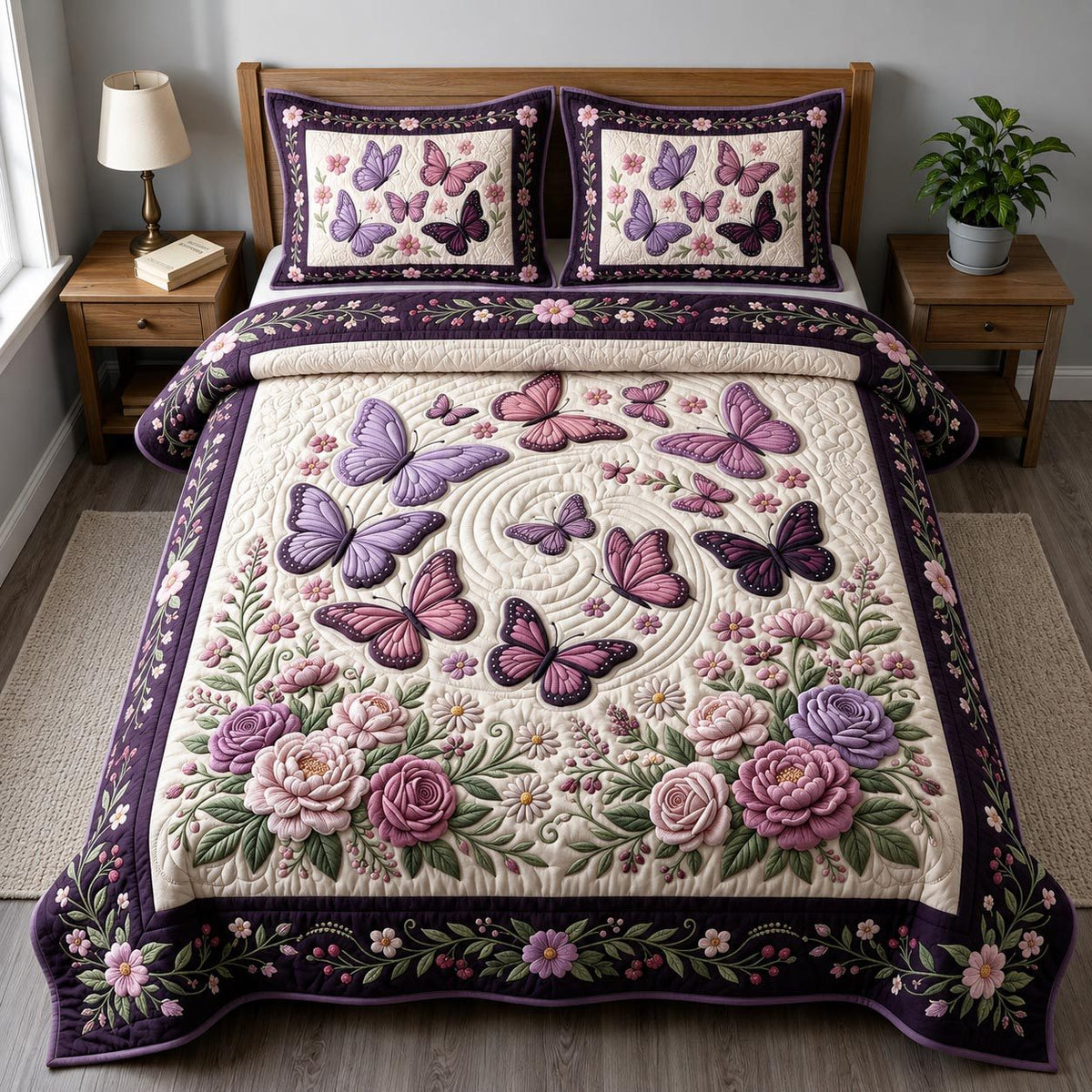 Butterfly Garden quilted 3-piece bedding set on a made bed with two matching pillow shams