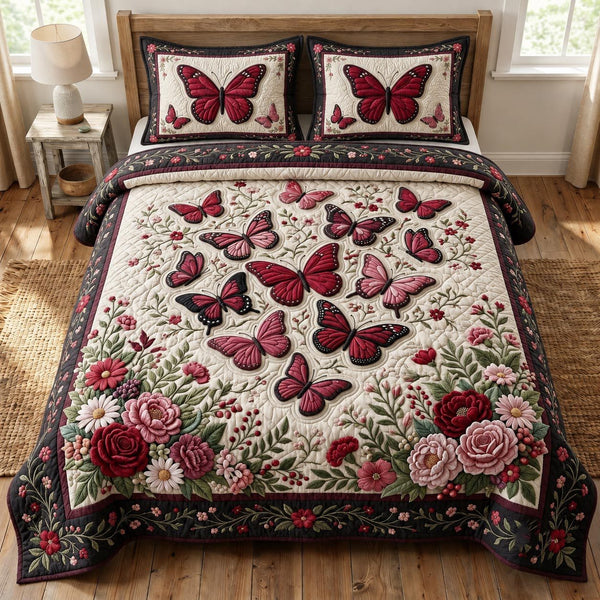 Butterfly Garden quilted 3-piece bedding set on a made bed with two matching pillow shams