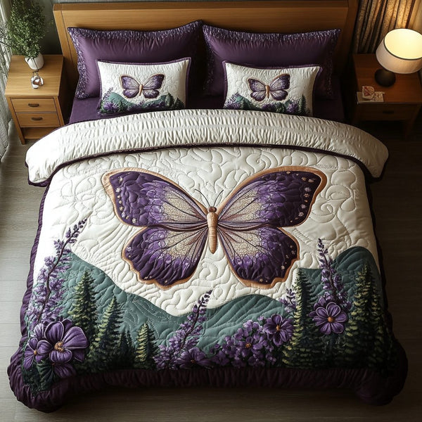 Butterfly Garden quilted 3-piece bedding set on a made bed with two matching pillow shams