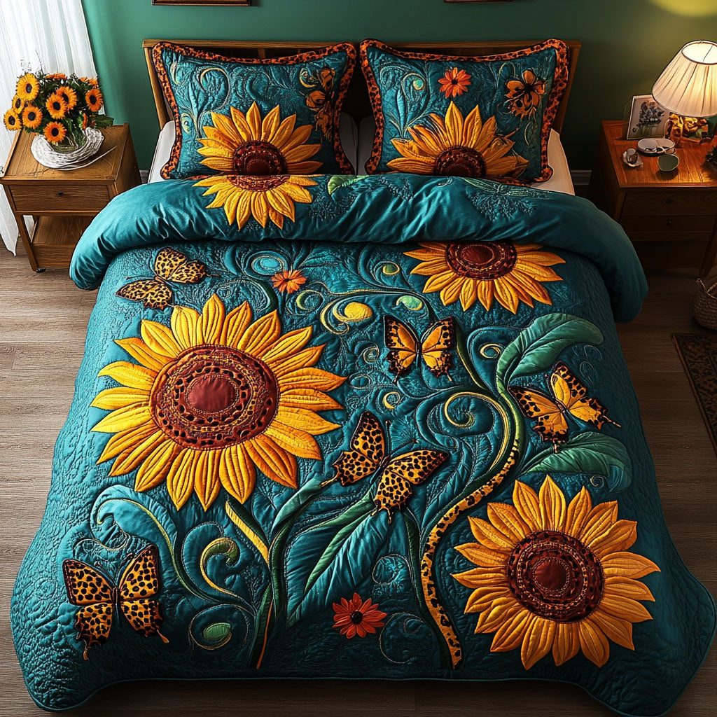 Butterfly Garden quilted 3-piece bedding set on a made bed with two matching pillow shams
