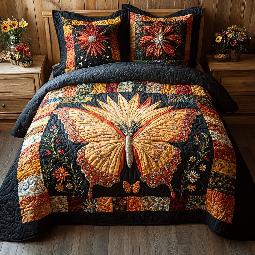 Butterfly Glow quilted 3-piece bedding set on a made bed with two matching pillow shams