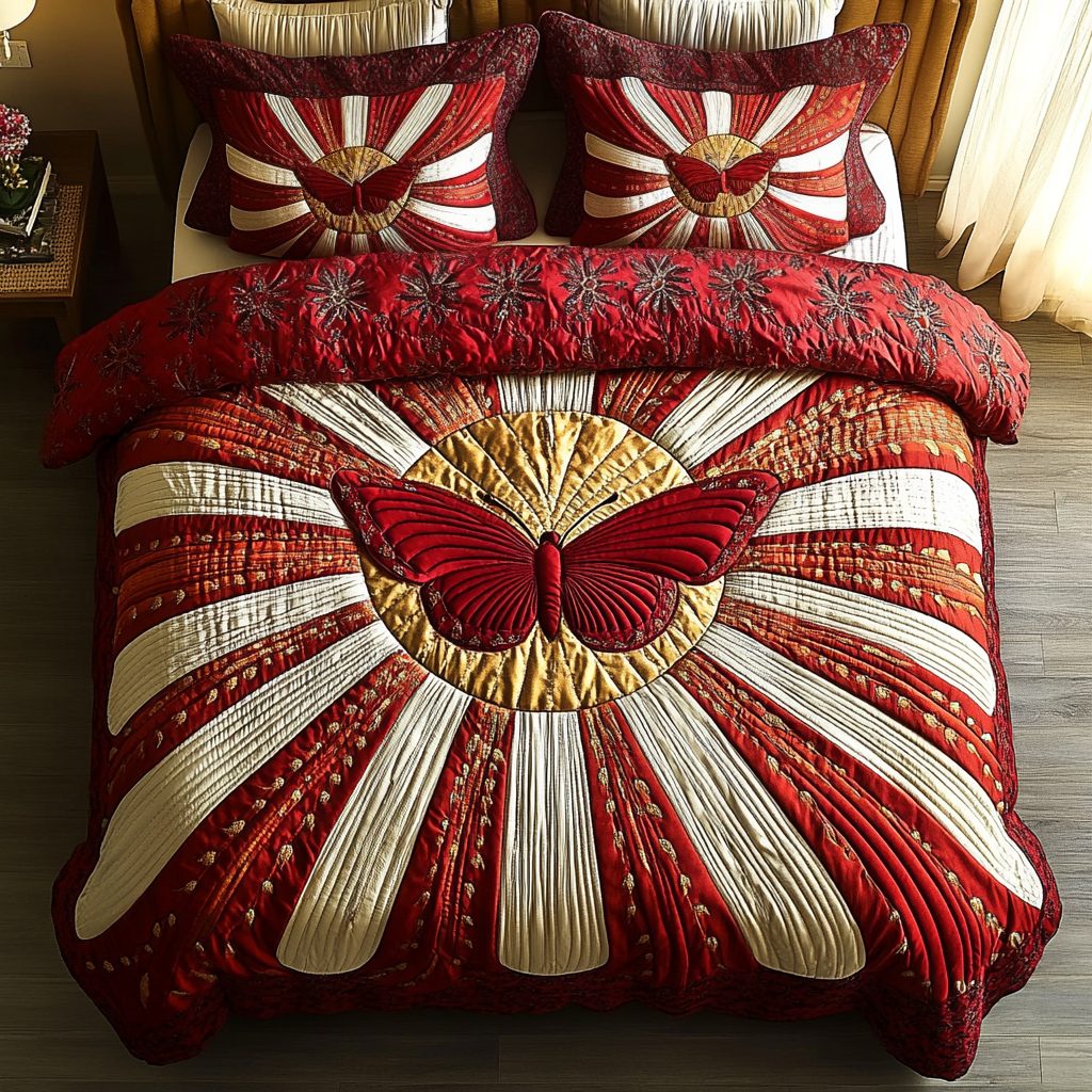 Butterfly Glow quilted 3-piece bedding set on a made bed with two matching pillow shams