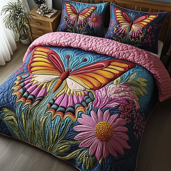 Butterfly Haven quilted 3-piece bedding set on a made bed with two matching pillow shams