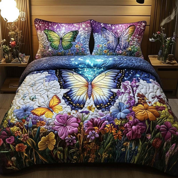 Butterfly Haven quilted 3-piece bedding set on a made bed with two matching pillow shams