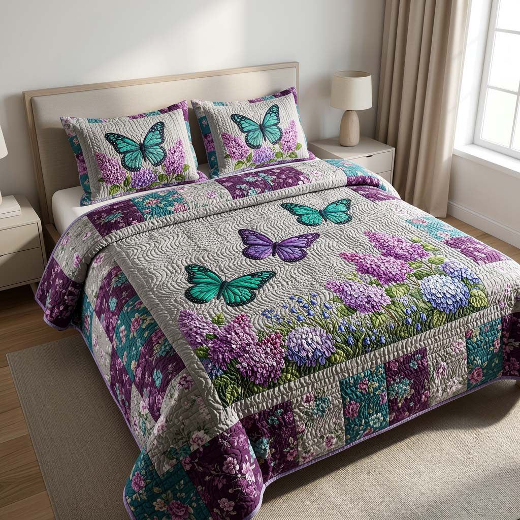 Butterfly Heaven quilted 3-piece bedding set on a made bed in a softly lit bedroom