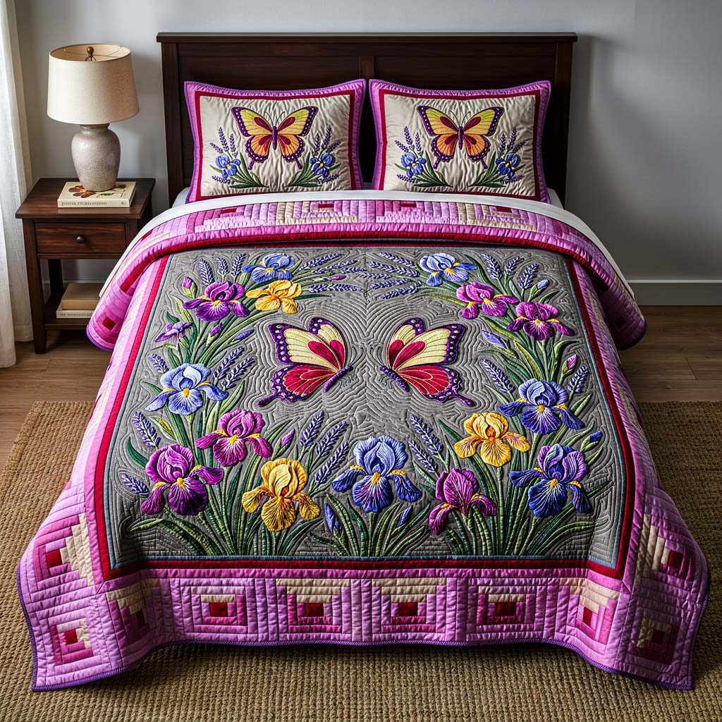 Butterfly Heaven quilted 3-piece bedding set on a made bed in a softly lit bedroom