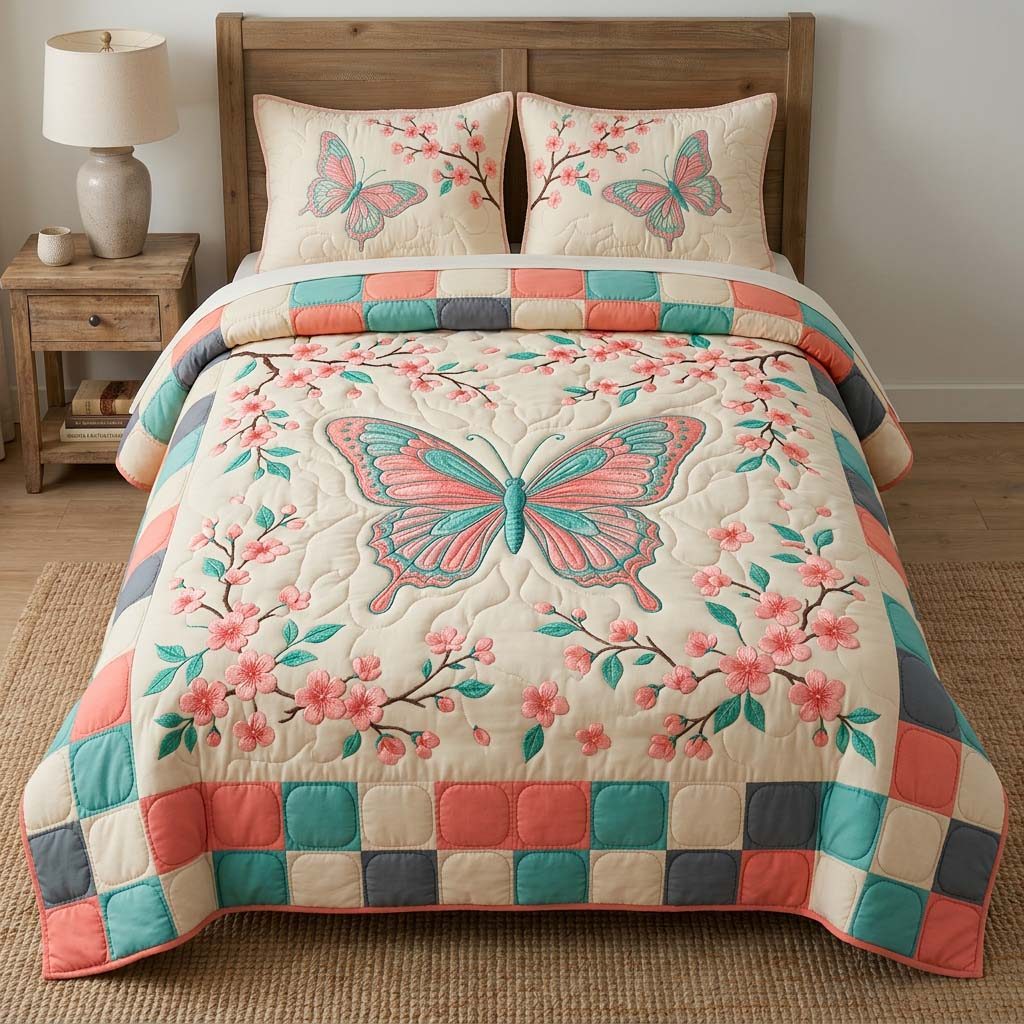Butterfly Heaven quilted 3-piece bedding set on a made bed in a softly lit bedroom