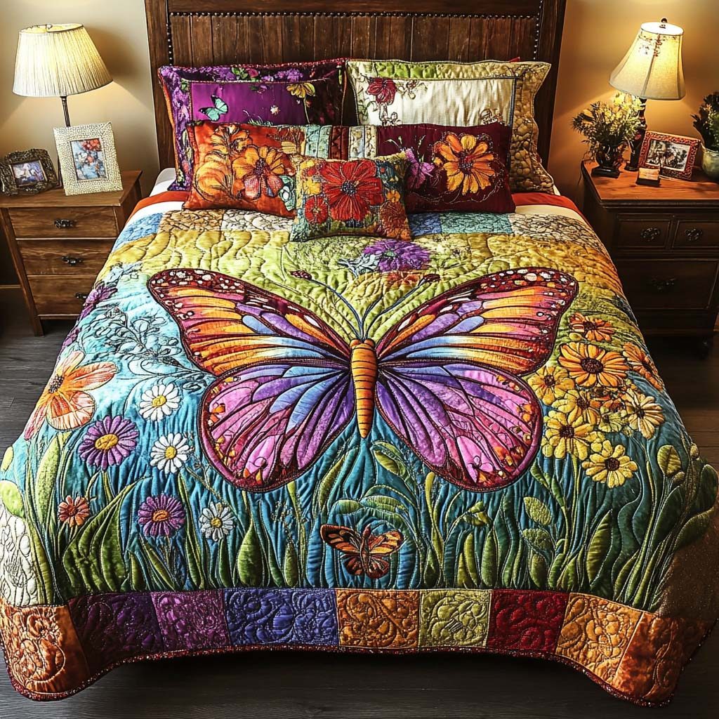Butterfly Magic quilted 3-piece bedding set on a made bed with two matching pillow shams