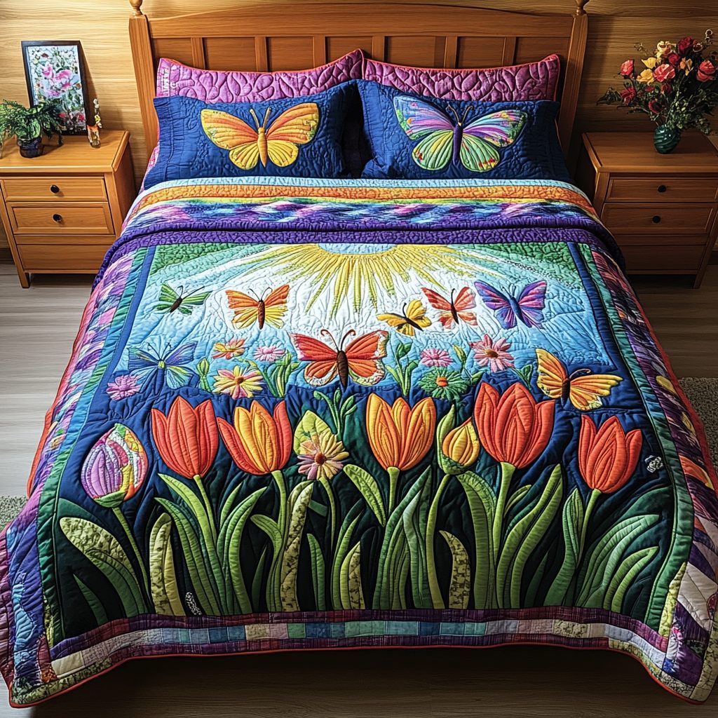 Butterfly Meadow quilted 3-piece bedding set on a made bed with two matching pillow shams