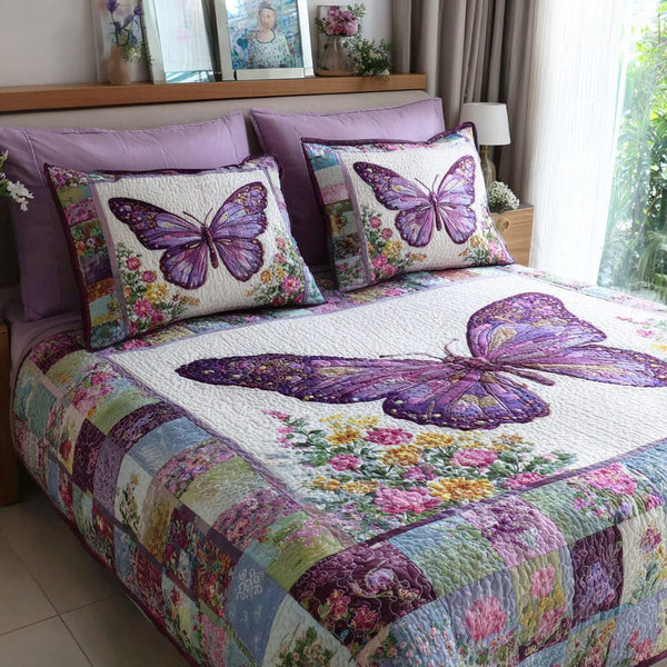 Butterfly Petals quilted 3-piece bedding set on a made bed with two matching pillow shams