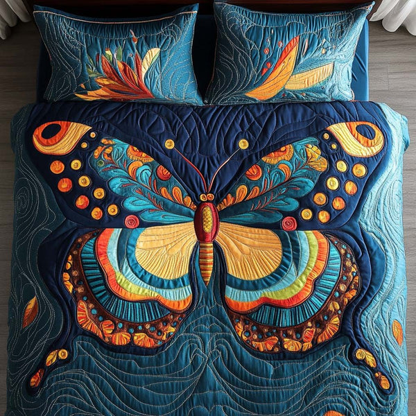 Butterfly Rustic Charm quilted 3-piece bedding set on a made bed in a farmhouse bedroom