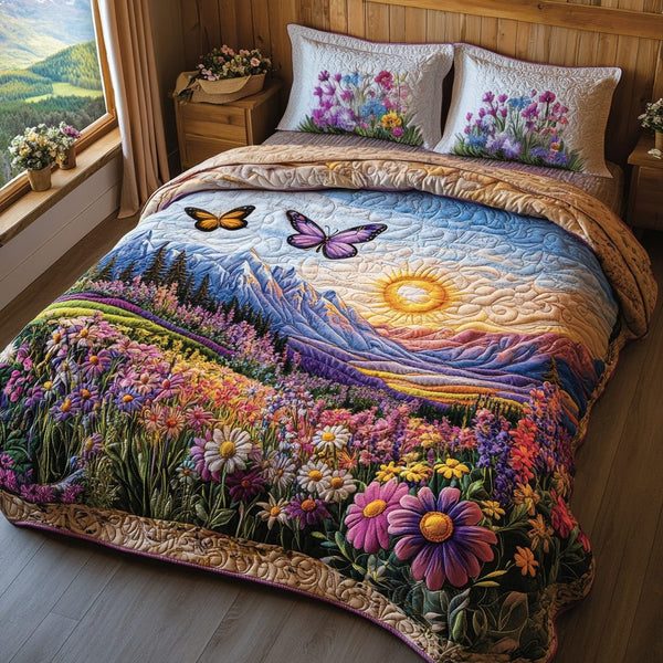 Butterfly Serenade quilted 3-piece bedding set on a made bed with two matching pillow shams