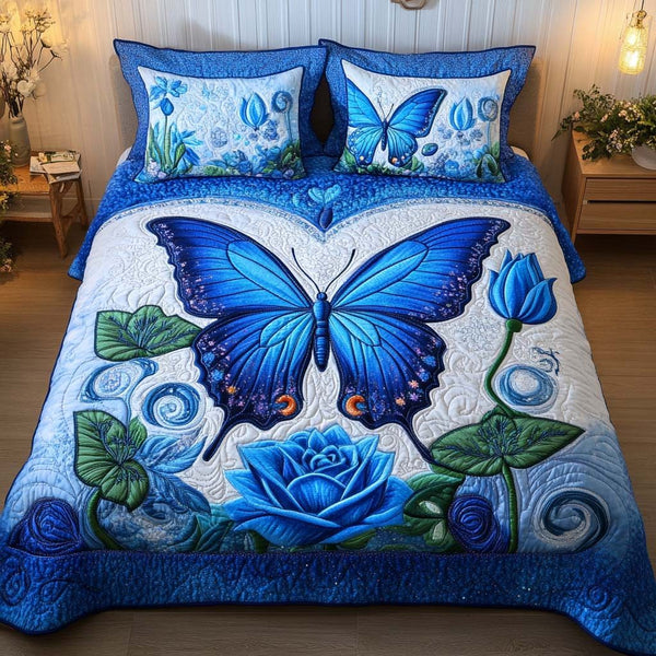 Butterfly Serenity quilted 3-piece bedding set on a made bed with two matching pillow shams