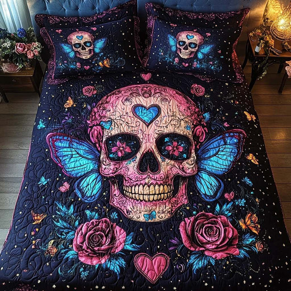 Butterfly Skull Love quilted 3-piece bedding set on a made bed against a dark styled interior
