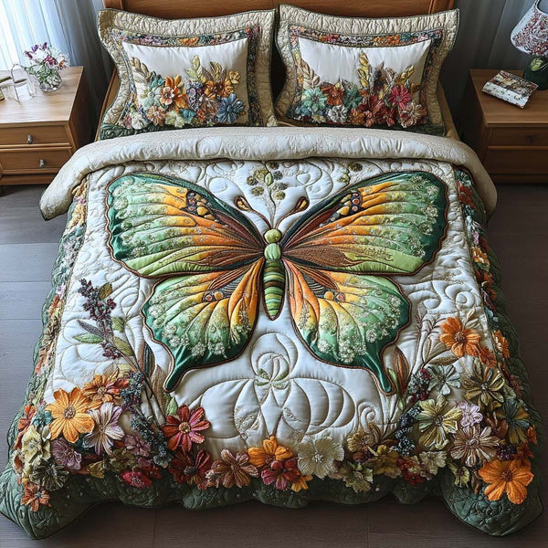 Butterfly Sky quilted 3-piece bedding set on a made bed with two matching pillow shams
