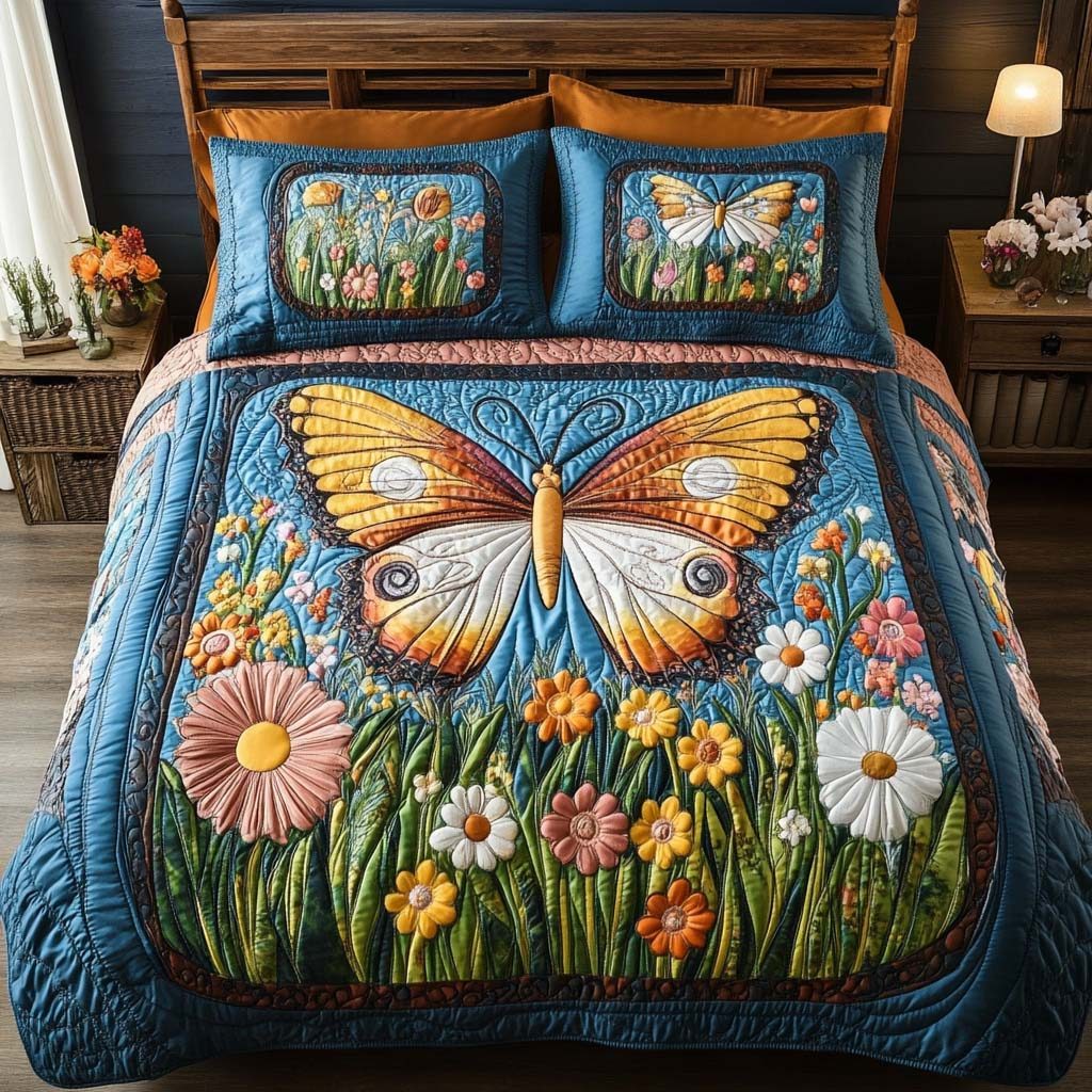 Butterfly Song quilted 3-piece bedding set on a made bed with two matching pillow shams