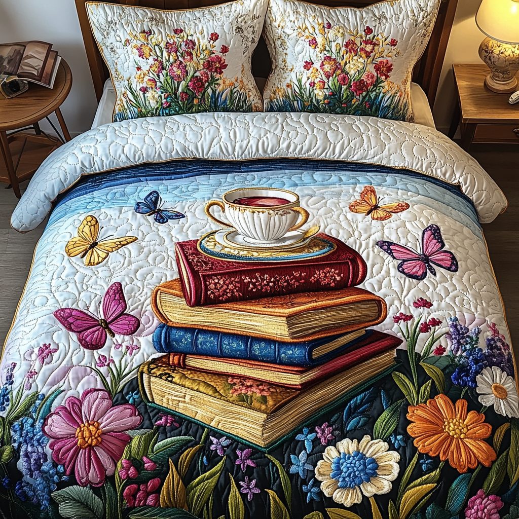 Butterfly Tea Stories quilted 3-piece bedding set on a made bed with two matching pillow shams