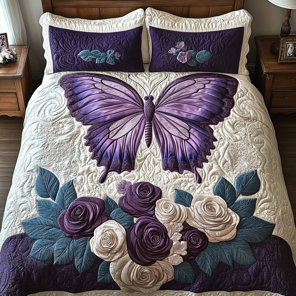 Butterfly Whisper quilted 3-piece bedding set on a made bed with two matching pillow shams
