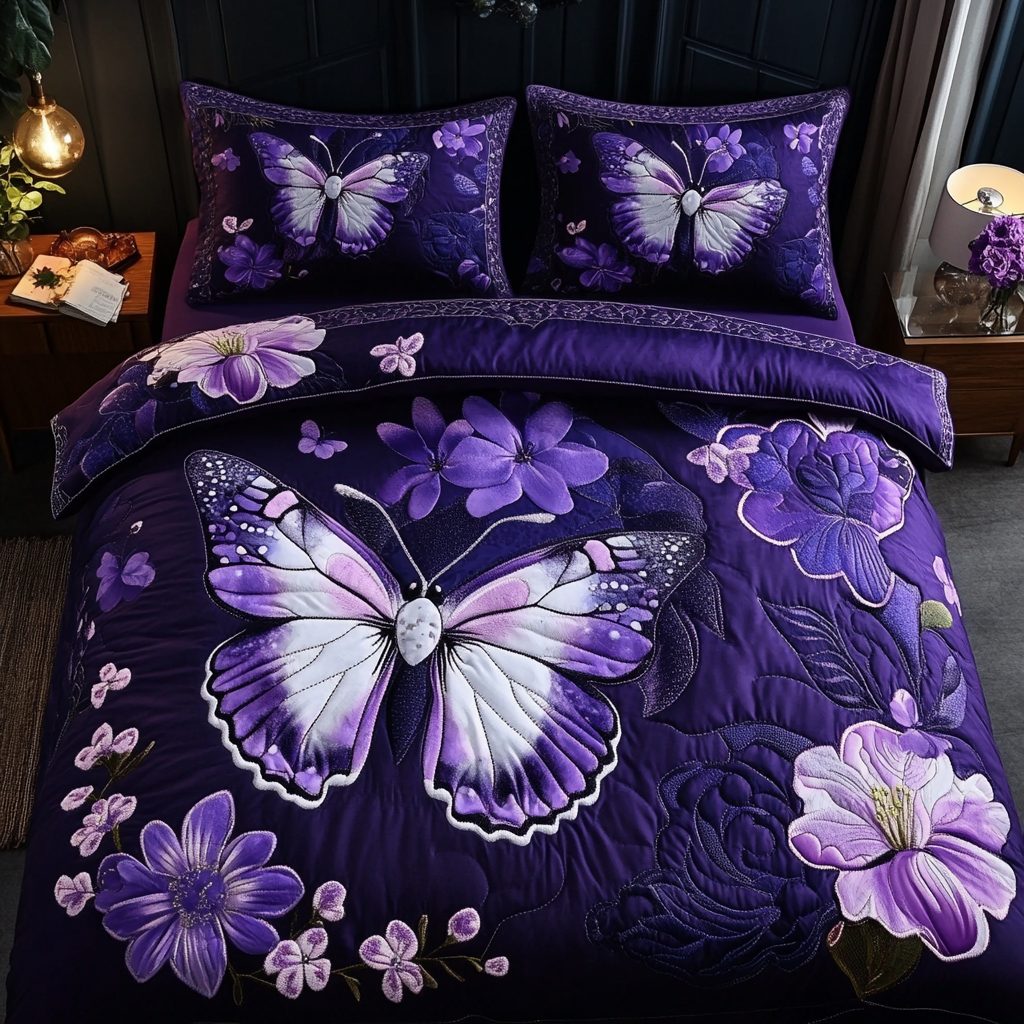 Butterfly Whispers quilted 3-piece bedding set on a made bed with two matching pillow shams