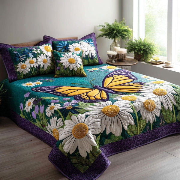 Butterfly Wild Bloom quilted 3-piece bedding set on a made bed with two matching pillow shams