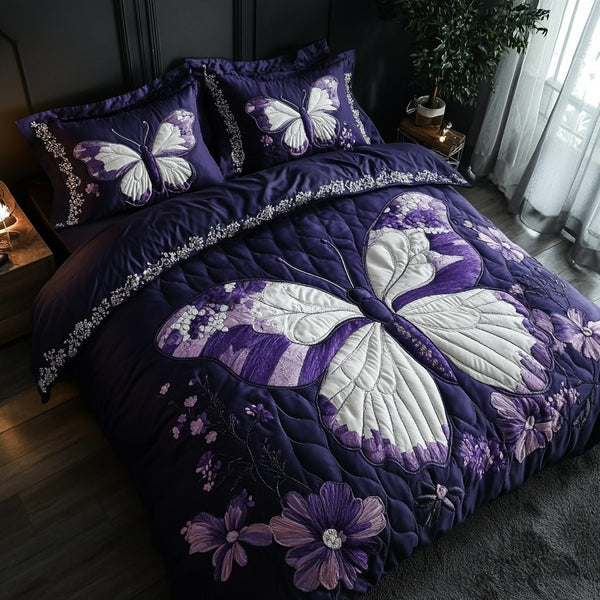 Butterfly Wings quilted 3-piece bedding set on a made bed with two matching pillow shams
