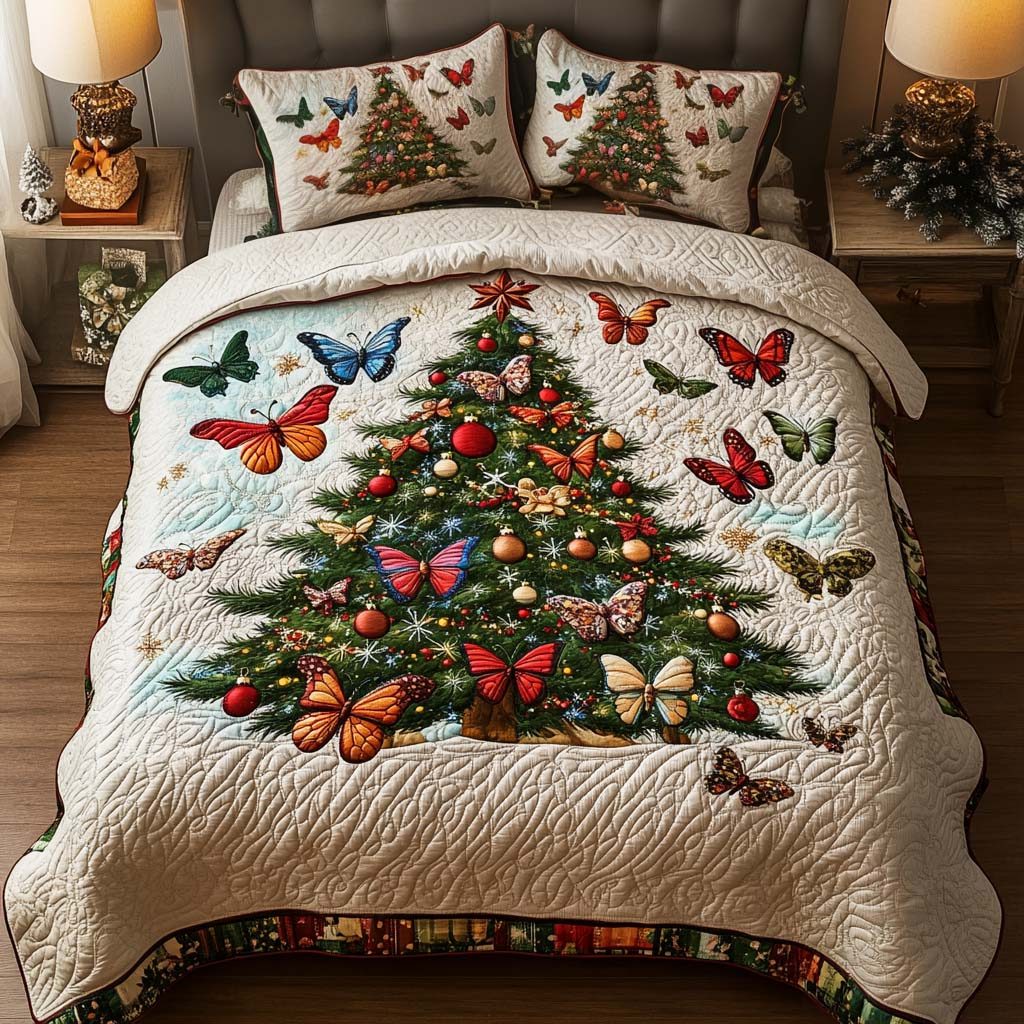 Butterfly Wonderland quilted 3-piece bedding set on a made bed with two matching pillow shams