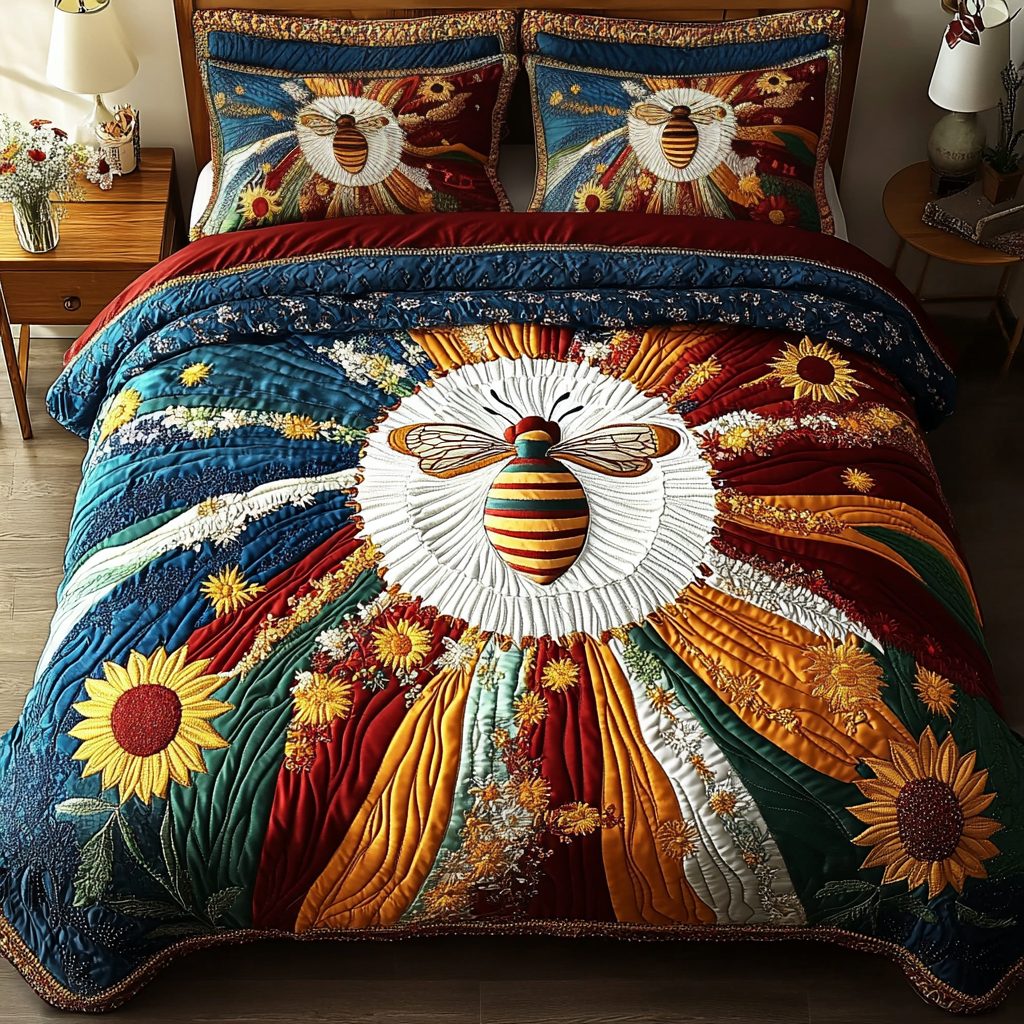 Buzzing Charm quilted 3-piece bedding set on a made bed with two matching pillow shams