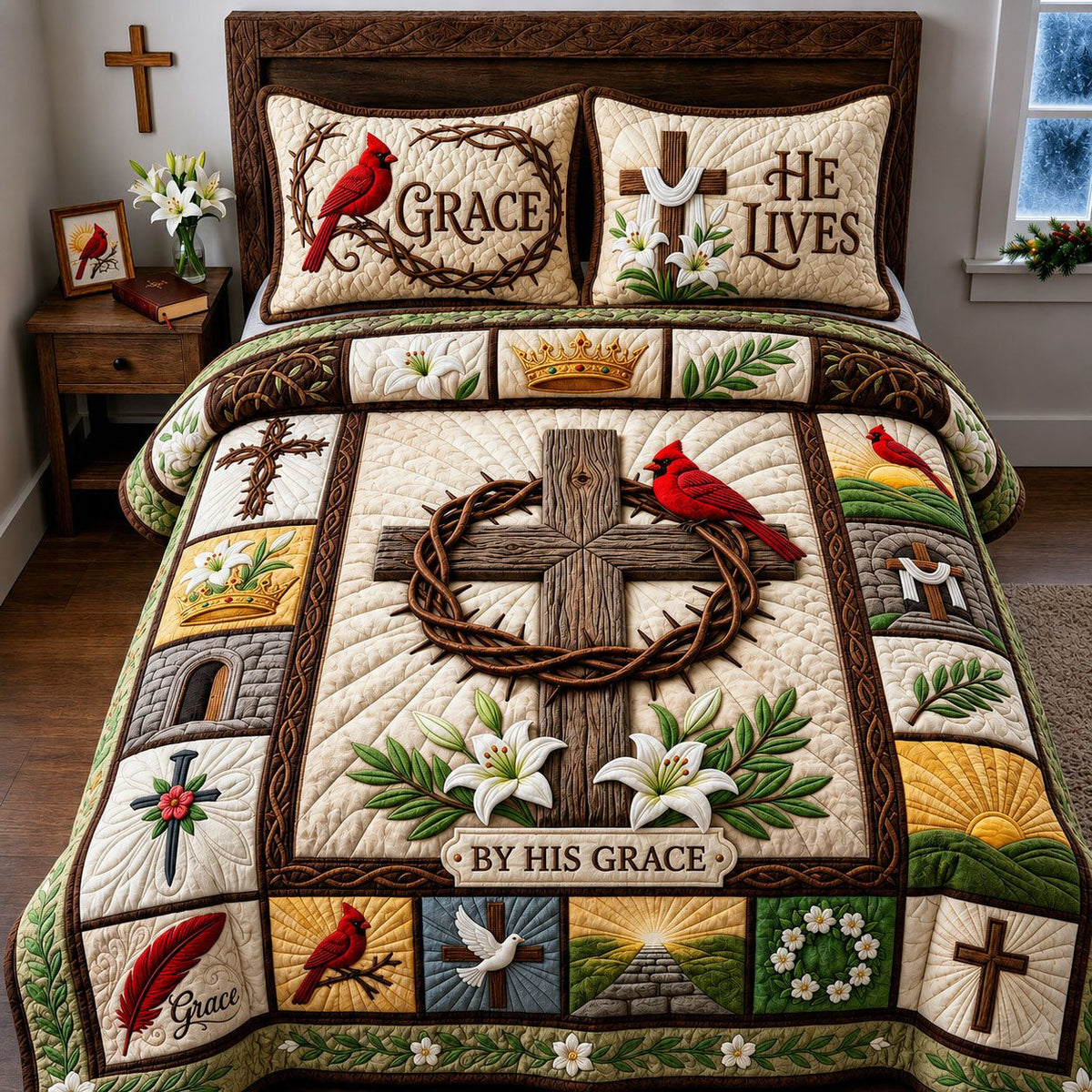By His Grace quilted 3-piece bedding set on a made bed with two matching pillow shams