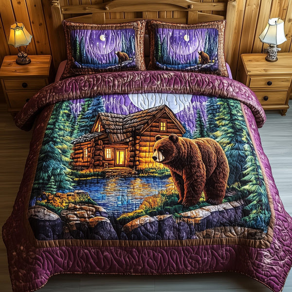 Cabin And Bear quilted 3-piece bedding set on a made bed with two matching pillow shams